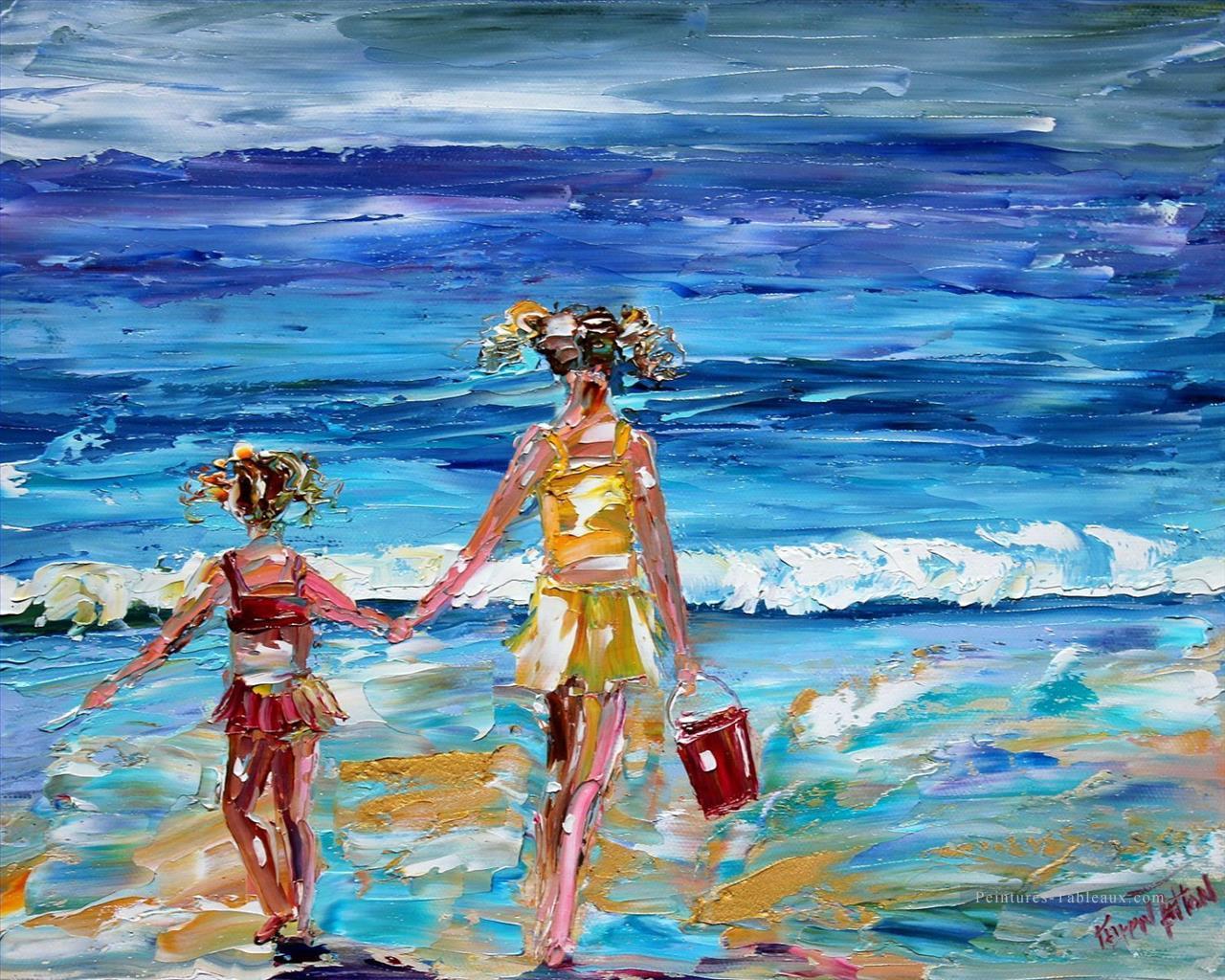 filles à peintures épaisses plage Impressionnisme enfant Peintures à l'huile
